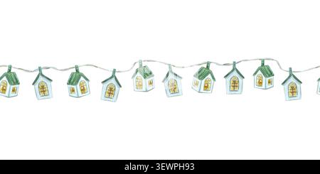il bordo perfetto per il natale con l'acquerello della casa di luci natalizie garland. Motivo a filo per cottage invernali disegnato a mano isolato sul dorso dell'elemento Foto Stock