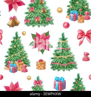 Motivo natalizio senza cuciture acquerello con confezione regalo per albero invernale natalizio. Ornamento disegnato a mano con punta a campana elemento per illustrazione a fiori dorso Foto Stock