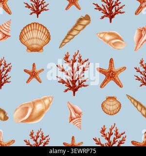 Motivo marino minimalista senza cuciture con conchiglie di vari acquerelli, coralli arancioni e stelle marine. Temi per bambini, nautica, viaggi. Adatto Foto Stock