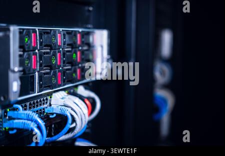 Vista di un server rack con più dischi rigidi e cavi di rete collegati in un data center a Los Angeles, California, Stati Uniti. Foto Stock