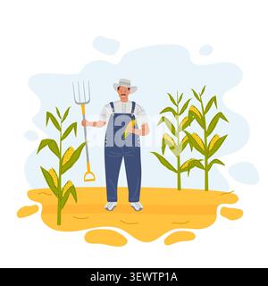 Ottima raccolta di mais. Contadino in cappello e in generale. Agricoltore felice e soddisfatto. Illustrazione vettoriale per il festival del raccolto, blog agroalimentare Illustrazione Vettoriale