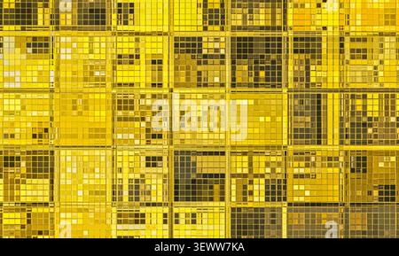 Piastrelle quadrate digitali con sfondo a ripetizione e luce soffusa in oro giallo senza cuciture. Foto Stock