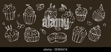 Set di cupcake e macaron disegnati a mano, fragole e ciliegie, forme di cuore su sfondo nero. Illustrazione di schizzo lineare con contorno bianco. Dolce pas Illustrazione Vettoriale