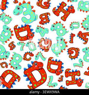 Illustrazione vettoriale colorata di personaggi di dinosauro blu e rossi a forma di lettere e numeri. Illustrazione Vettoriale