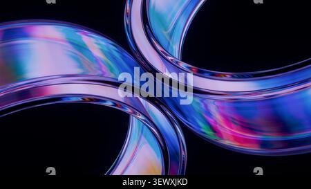 Anelli in vetro iridescente con dispersione luminosa su sfondo scuro. Atmosfera elegante e futuristica, ideale per progetti tecnologici, di branding di lusso o di arte digitale. 3D. Foto Stock