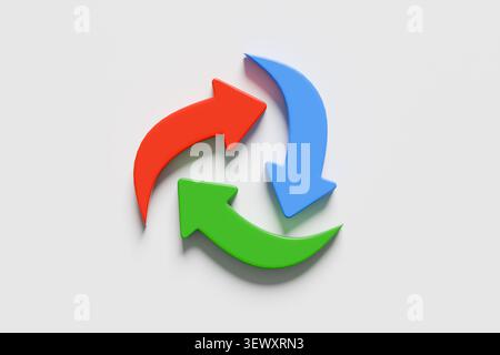 Tre frecce vibranti in rosso, verde e blu che ruotano in un ciclo continuo, che rappresentano i concetti di riciclo, aggiornamento e aggiornamento Foto Stock