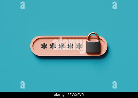 Interfaccia campo password con simbolo di lucchetto protetto su sfondo blu, a simboleggiare la sicurezza e la privacy dei dati Foto Stock