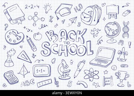 Ritratti a mano a scuola con illustrazioni e lettere. Icone dell'istruzione e della scienza su un notebook a griglia. Apprendimento, creatività, classe Illustrazione Vettoriale