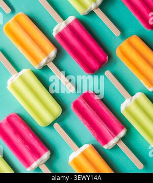 Il ghiaccio colorato di frutta suona in diagonale su sfondo verde acqua. Foto Stock