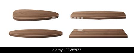 Podio in legno con trama a grana naturale, realistica illustrazione vettoriale isolata su sfondo bianco. Piattaforme di forme diverse, basi marrone scuro per l'esposizione dei prodotti Illustrazione Vettoriale