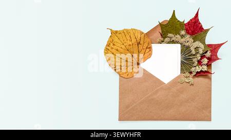 Busta autunnale con carta bianca, foglie secche e fiori selvatici Foto Stock