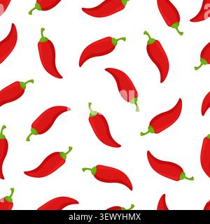 Peperoncino rosso senza cuciture. Peperoncino, salsa fresca e ingredienti per i pasti. Stampa colorata per tessuti, carta da parati, involucri, vettoriali Illustrazione Vettoriale