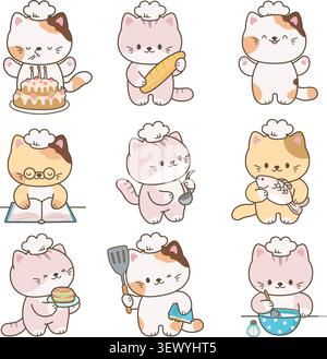 Cucina gatto Kawaii. I simpatici gatti cucinano, leggono un libro di cucina, cuocono e mangiano torte. Adorabili chef di cucine per gattini. Adesivi per animali isolati, oggi Illustrazione Vettoriale