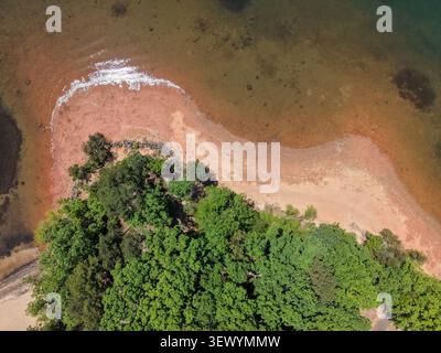 Vista dall'alto verso il basso della riva del lago con foresta e acqua turchese Foto Stock