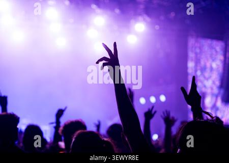 primo piano della silhouette delle mani in mezzo alla folla durante un concerto musicale estivo o un festival notturno con le luci Foto Stock