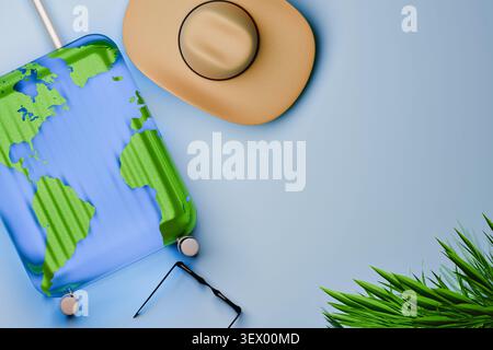 Visualizzazione dall'alto in 3D di una valigia con un cappello da cowboy e foglie di palma. Flatlay pop art alla moda per le vacanze estive e il marketing di viaggio. Foto Stock