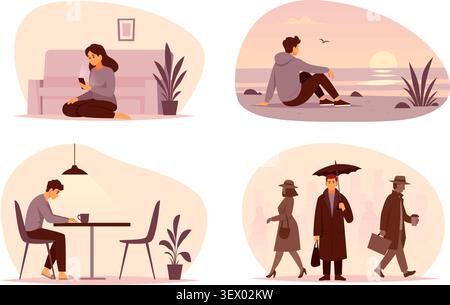 Concetto di solitudine. Le scene vettoriali mostrano persone isolate sulle scale a casa durante il trasporto e al lavoro, esprimendo solitudine e riflesso un'illustrazione esatta Illustrazione Vettoriale