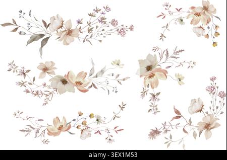 Set di mazzi floreali di acquerello autunnali, composizioni floreali minimaliste di hygge, boho wedding border clipart, illustrazioni botaniche pastello. EPS vettoriale. Illustrazione Vettoriale