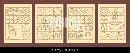 Banner geometrici a tema caffè. Illustrazione disegnata a mano del caffè. Sfondo di stampa astratto con forme semplici per caffetteria, packaging alimentare, parete del caffè, menu. Icone del caffè, design lineare. Illustrazione Vettoriale