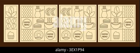 Banner geometrici a tema caffè. Illustrazione disegnata a mano del caffè. Sfondo di stampa astratto con forme semplici per caffetteria, packaging alimentare, parete del caffè, menu. Icone del caffè, design lineare. Illustrazione Vettoriale