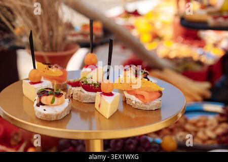 Vista ravvicinata di tartine gourmet condite con gamberi, salmone, formaggio, uva e fette di agrumi disposte su un elegante bancone con profondità bassa di Foto Stock
