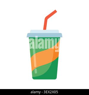 Tazza monouso verde con striscia arancione e cannuccia rossa isolata su sfondo bianco. Illustrazione Vettoriale