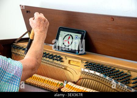 Uno sguardo ravvicinato all'interno di un pianoforte. Foto Stock