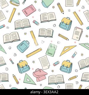 Motivo senza cuciture con materiale scolastico disegnato a mano: Libri, matite, righelli e sacchetti bianchi. Perfetto per progetti didattici, temi back-to-School, a Illustrazione Vettoriale