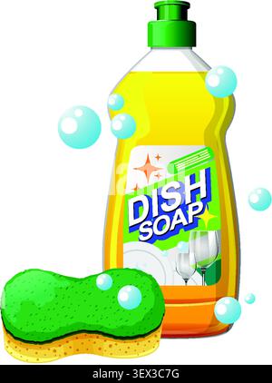 Flacone di sapone giallo e spugna verde con bolle, stile vettoriale, colori vivaci e puliti Illustrazione Vettoriale