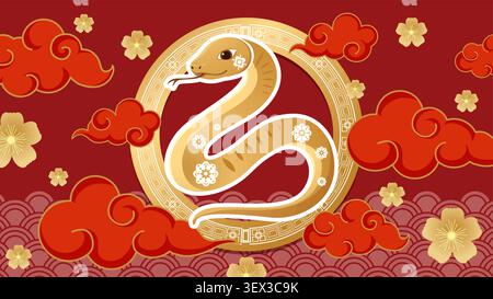 Illustrazione vettoriale di un serpente dorato all'interno di una cornice circolare tra nuvole rosse tradizionali Illustrazione Vettoriale