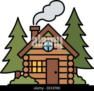 Un'accogliente capanna in legno rustico situata in una pineta, con camino per fumatori, finestra luminosa e cespugli verdi circostanti. Illustrazione Vettoriale