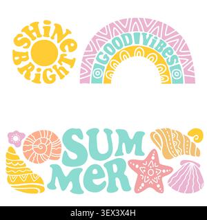 Elementi vettoriali estivi boho con caratteri di testo positivi. Adesivi luminosi di sole, arcobaleno e conchiglie marine per un design da vacanza in spiaggia Illustrazione Vettoriale