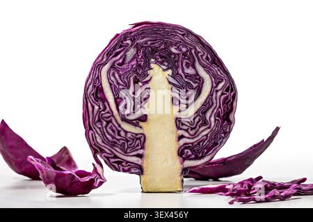 Cavolo viola a fette su sfondo bianco evidenziando la texture naturale per i concetti culinari e di salute Foto Stock