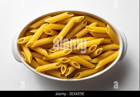 Vista ravvicinata della penna cruda in un piatto ovale come una semplice natura morta del cibo isolato Foto Stock