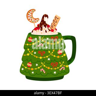Tazza a forma di albero di Natale ripiena di eggnog, cioccolata calda e bevanda da dessert al cacao, con panna montata e gocciolatoio di cioccolato. spr. Cartoon Pino Illustrazione Vettoriale