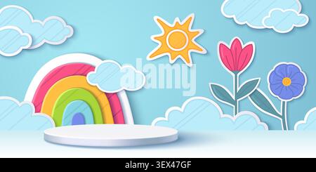 Podio rotondo con arcobaleno tagliato in carta e fiori su sfondo blu cielo. Illustrazione vettoriale realistica di un paesaggio estivo colorato con origami sole e nuvole per bambini Illustrazione Vettoriale