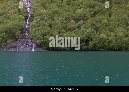 Una piccola cascata si estende su un pendio roccioso attraverso una fitta foresta decidua verde prima di raggiungere le profonde acque turchesi di un fiordo norvegese. TH Foto Stock