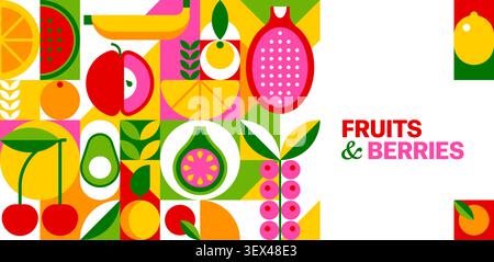 Striscione a mosaico di frutti tropicali e frutti di bosco con sfondo geometrico. Motivo di frutta di papaya esotica e banana con ciliegia e anguria o avocado, guava e arancia in motivi geometrici Illustrazione Vettoriale
