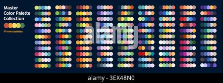Colori neutri e vivaci per l'armonia della tavolozza. La collezione di colori master comprende più campioni circolari organizzati in colonne pulite su sfondo scuro per creatori e siti Web Illustrazione Vettoriale