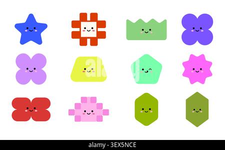 Carino set di icone di personaggi dalla forma geometrica kawaii con stelle sorridenti, fiori e simboli astratti dei cartoni animati per bambini, adesivi e vettori di design creativo Illustrazione Vettoriale