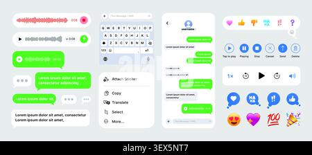 Set di modelli dell'interfaccia di messaggistica iMessage con bolle di chat, messaggi vocali, reazioni emoji, tastiera e componenti di conversazione vettoriali Illustrazione Vettoriale