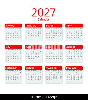 Calendario annuale per 2027 anni. La settimana inizia lunedì. Testo in inglese Illustrazione Vettoriale
