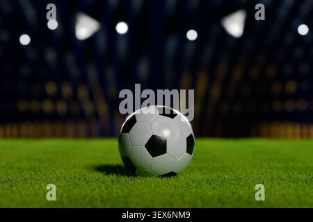 Una rappresentazione in 3D ravvicinata di un tradizionale calcio in pelle bianco e nero poggiato su una fresca erba verde, sullo sfondo scuro di uno stadio con una scenografia spettacolare Foto Stock