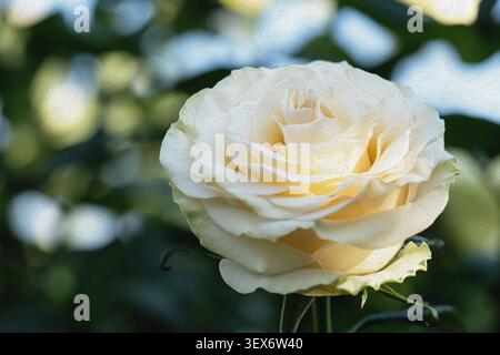 Pittura astratta ad olio di una singola rara rosa dell'altopiano in color crema giallo pallido con morbido bokeh dorato Foto Stock