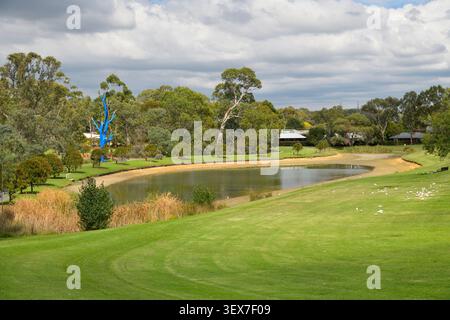 Australia, Australia meridionale, Mount Barker, stagno e prati del Keith Stephenson Park, con una scultura di alberi blu collegata al Blue Tree Project, un'iniziativa australiana di sensibilizzazione sulla salute mentale Foto Stock