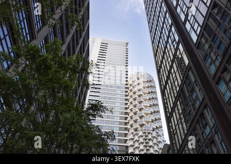 Grattacieli moderni a Canary Wharf a Londra che guardano in alto Foto Stock