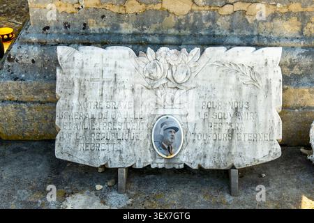Francia, Haute Marne, Colombey les Deux Eglises, cimitero del generale de Gaulle, targa commemorativa Foto Stock