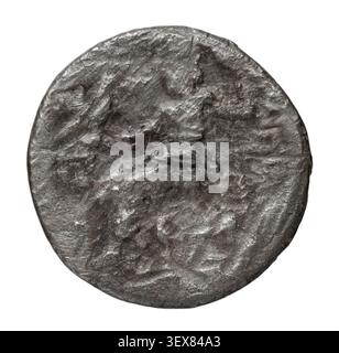 Una moneta da dracma d'argento del tempo di Alessandro Magno, coniata a Colofonte, Ionia, emessa dal re Filippo III di Macedonia, intorno al 323 a.C. Foto Stock