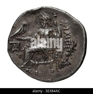 Una moneta da dracma d'argento del tempo di Alessandro Magno, coniata a Colofonte, Ionia, emessa dal re Filippo III di Macedonia, intorno al 323 a.C. Foto Stock