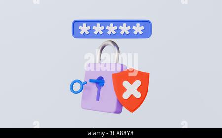 Chiave con lucchetto e schermo rosso con segno incrociato, verifica della password, accesso non riuscito, utente non autorizzato, concetto di autenticazione della password Foto Stock